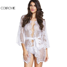 COLROVIE White Lace Robes Women Vintage Semi Sheer Sexy Lace Night Gown With Self Tie 2017 Summer 3/4 Sleeve Casual Thin Robes