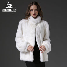 SISILIA 2016 New Winter Women's  No Dyed Mink Fur Full Pelt Fur Coat White Color Medium Style Stand Collar100% Real Natural Fur