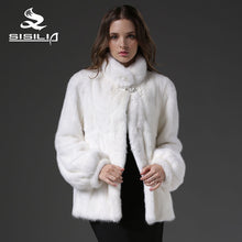 SISILIA 2016 New Winter Women's  No Dyed Mink Fur Full Pelt Fur Coat White Color Medium Style Stand Collar100% Real Natural Fur
