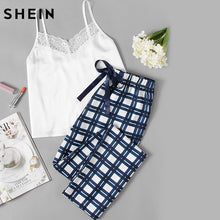 SHEIN Woman Pajamas Set Sleepwear White Spaghetti Strap Sleeveless Lace Embellished Cami & Plaid Pants Pajama Set
