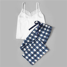 SHEIN Woman Pajamas Set Sleepwear White Spaghetti Strap Sleeveless Lace Embellished Cami & Plaid Pants Pajama Set