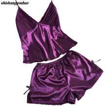 2016 summer style pajamas sets Women Female Sleep set Women's Deep V-neck Sexy Spaghetti Strap Shorts Sleepwear silk homewear