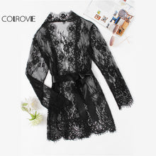 COLROVIE Floral Lace Black Sheer Robe Women Self Tie Waist Vintage Sexy Long Sleeve Robes 2017 New Plain Bridesmaid Kimono Robe