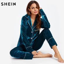 SHEIN Autumn Casual Pajamas for Women Sleepwear Blue Long Sleeve Notch Collar Binding Pocket Top and Pants Pajama Set