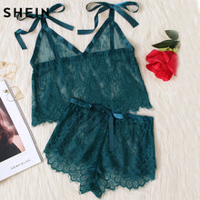 SHEIN Womens Pyjamas Sleepwear Green Spaghetti Strap Tie Shoulder V Neck Eyelash Lace Cami and Shorts Pajama Set