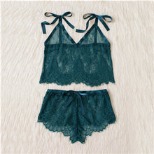 SHEIN Womens Pyjamas Sleepwear Green Spaghetti Strap Tie Shoulder V Neck Eyelash Lace Cami and Shorts Pajama Set