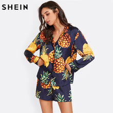SHEIN Womens Pajamas Sleepwear Long Sleeve Navy Pineapple Print Tipping Shirt and Shorts Pajama Set Sleep Wear for Women