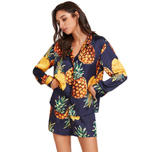 SHEIN Womens Pajamas Sleepwear Long Sleeve Navy Pineapple Print Tipping Shirt and Shorts Pajama Set Sleep Wear for Women