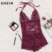 SHEIN Burgundy Deep V Neck Sleeveless Pajama Bottoms Tie Up Back Halter Neck Lace Sleep Romper Sexy Autumn Pajamas
