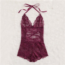 SHEIN Burgundy Deep V Neck Sleeveless Pajama Bottoms Tie Up Back Halter Neck Lace Sleep Romper Sexy Autumn Pajamas