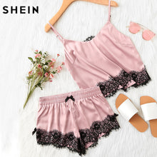 SHEIN Pink Spaghetti Strap Lace Applique Satin Cami Top and Shorts Pajama Set Fall Womens Sleepwear Pajama Set