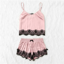 SHEIN Pink Spaghetti Strap Lace Applique Satin Cami Top and Shorts Pajama Set Fall Womens Sleepwear Pajama Set