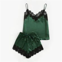 SHEIN Pajama Sets Women Sleepwear Army Green Spaghetti Strap V Neck Lace Trim Satin Cami and Shorts Pajama Set