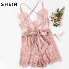 SHEIN Sexy Lingerie Onesies Sexy Pajama Bottoms Pink Spaghetti Strap Ribbon Tie Waist Plunging Lace Sleep Romper