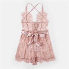 SHEIN Sexy Lingerie Onesies Sexy Pajama Bottoms Pink Spaghetti Strap Ribbon Tie Waist Plunging Lace Sleep Romper