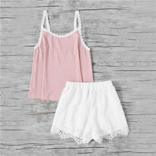 SHEIN Sleeveless Pajamas Set for Women Pink Spaghetti Strap Rib Knit Cami Top and White Lace Shorts Pajama Sets
