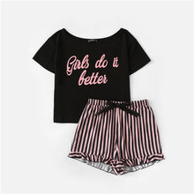 SHEIN Letter Print Short Sleeve Top and Striped Shorts Pajama Set Ladies Summer Sleep Wears Womens Casual Pajama Sets