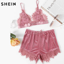SHEIN Elegant Two Piece Set Women Pink Applique Detail Lace Bralette and Velvet Shorts Set Women Sexy Sleepwear