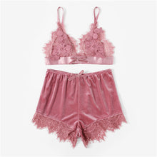 SHEIN Elegant Two Piece Set Women Pink Applique Detail Lace Bralette and Velvet Shorts Set Women Sexy Sleepwear