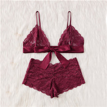 SHEIN Pajamas Set for Women Sexy Nightwear Sleepwear Ladies Burgundy Tie Front Lace Bralette and Pantie Lingerie Set