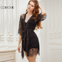 COLROVIE Vintage Floral Eyelash Lace Robe With Belt 2017 Black V Neck Half Sleeve Elegant Night Dresses Ladies Sexy Robe