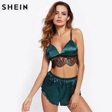 SHEIN Pajamas for Women Two Piece Set Green Contrast Eyelash Lace Spaghetti Strap Cami Top and Shorts Pajama Set