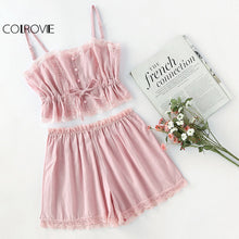 COLROVIE 2017 Contrast Lace Cami With Shorts Pajama Set Women Pink Spaghetti Strap Sleeveless Drawstring Waist Cute Sleepwear