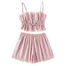 COLROVIE 2017 Contrast Lace Cami With Shorts Pajama Set Women Pink Spaghetti Strap Sleeveless Drawstring Waist Cute Sleepwear