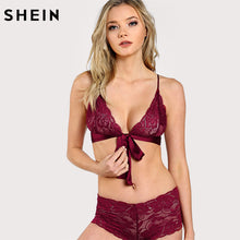 SHEIN Pajamas Set for Women Sexy Nightwear Sleepwear Ladies Burgundy Tie Front Lace Bralette and Pantie Lingerie Set