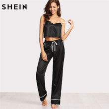 SHEIN Women Pajamas Sleepwear Two Piece Set Black Spaghetti Strap Eyelash Lace Applique Cami Top and Pants Pajamas Set