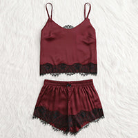 SHEIN Burgundy Applique Satin Cami Top and Shorts Pajama Set Fall Womens Spaghetti Strap Lace Sleepwear Pajama Set