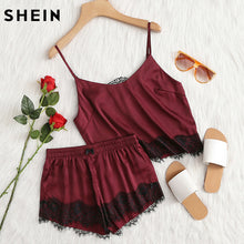 SHEIN Burgundy Applique Satin Cami Top and Shorts Pajama Set Fall Womens Spaghetti Strap Lace Sleepwear Pajama Set