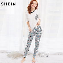 SHEIN Cute Sleepwear With Pocket Women Pajama Sets Panda Print Short Sleeve Round Neck White Tee and Striped Leggings Pajama Set