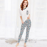 SHEIN Cute Sleepwear With Pocket Women Pajama Sets Panda Print Short Sleeve Round Neck White Tee and Striped Leggings Pajama Set