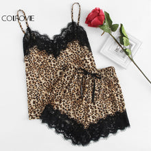 COLROVIE Eyelash Lace Insert Leopard Cami Top & Shorts PJ Set Women V-neck Sleeveless Pajamas 2018 Spring Sexy Nightwear