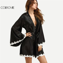 COLROVIE Black Crochet Trimmed Self Tie Belted Kimono Robe Women Deep V-neck Long Sleeve Lace Plain Sleepwear Night Robe