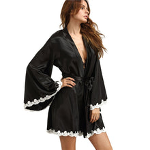 COLROVIE Black Crochet Trimmed Self Tie Belted Kimono Robe Women Deep V-neck Long Sleeve Lace Plain Sleepwear Night Robe