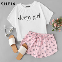 SHEIN Summer Two Piece Set Sleepwear Multicolor Short Sleeve Graphic Letter Print Top and Drawstring Shorts Pajama Sets