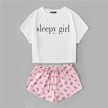SHEIN Summer Two Piece Set Sleepwear Multicolor Short Sleeve Graphic Letter Print Top and Drawstring Shorts Pajama Sets