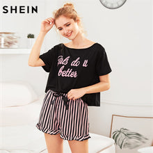 SHEIN Letter Print Short Sleeve Top and Striped Shorts Pajama Set Ladies Summer Sleep Wears Womens Casual Pajama Sets