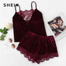 SHEIN 2018 Lace Trim Velvet Cami & Shorts Pajamas Set Women Burgundy Plain Spaghetti Strap Sleeveless Sexy Summer Sleepwear