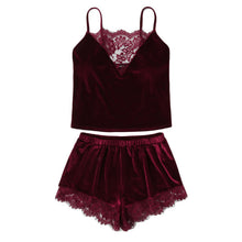 SHEIN 2018 Lace Trim Velvet Cami & Shorts Pajamas Set Women Burgundy Plain Spaghetti Strap Sleeveless Sexy Summer Sleepwear