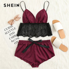 SHEIN Contrast Lace Hem Satin Cami Top And Shorts Pajamas Set 2018 Summer New Women Spaghetti Strap Sleeveless Sexy Nightwear