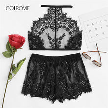 COLROVIE Eyelash Lace Halter And Shorts Pajama Set 2018 New Arrival Floral Ladies Sleepwear Black Sheer Sexy Nightwear