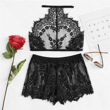 COLROVIE Eyelash Lace Halter And Shorts Pajama Set 2018 New Arrival Floral Ladies Sleepwear Black Sheer Sexy Nightwear