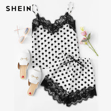 SHEIN Women Sleepwear Shorts and Top Pajama Sets Sleeveless Eyelash Lace Trim Polka Dot Cami & Shorts PJ Set Nightwear