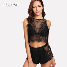 COLROVIE Floral Lace Top And Shorts Pajama Set 2018 New Fashion Spring Black Sexy Female Sleepwear Floral Button Pajama Set