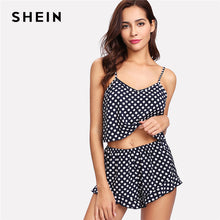 SHEIN Polka Dot Cami Top And Ruffle Shorts Pajamas Set 2018 Women Spaghetti Strap V Neck Ruffle Sleeveless Casual Nightwear