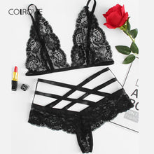 COLROVIE Black Lace Sex Lingerie Set Triangle Lace Bralette & Strappy Pantie Sleepwear Sexy Criss Cross Summer Nightwear