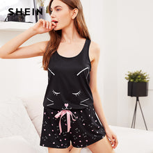 SHEIN Graphic Print Tank Top And Knot Front Shorts PJ Set 2018 Summer Women Sleeveless Nightwear Animal Scoop Neck Preppy Pajama
